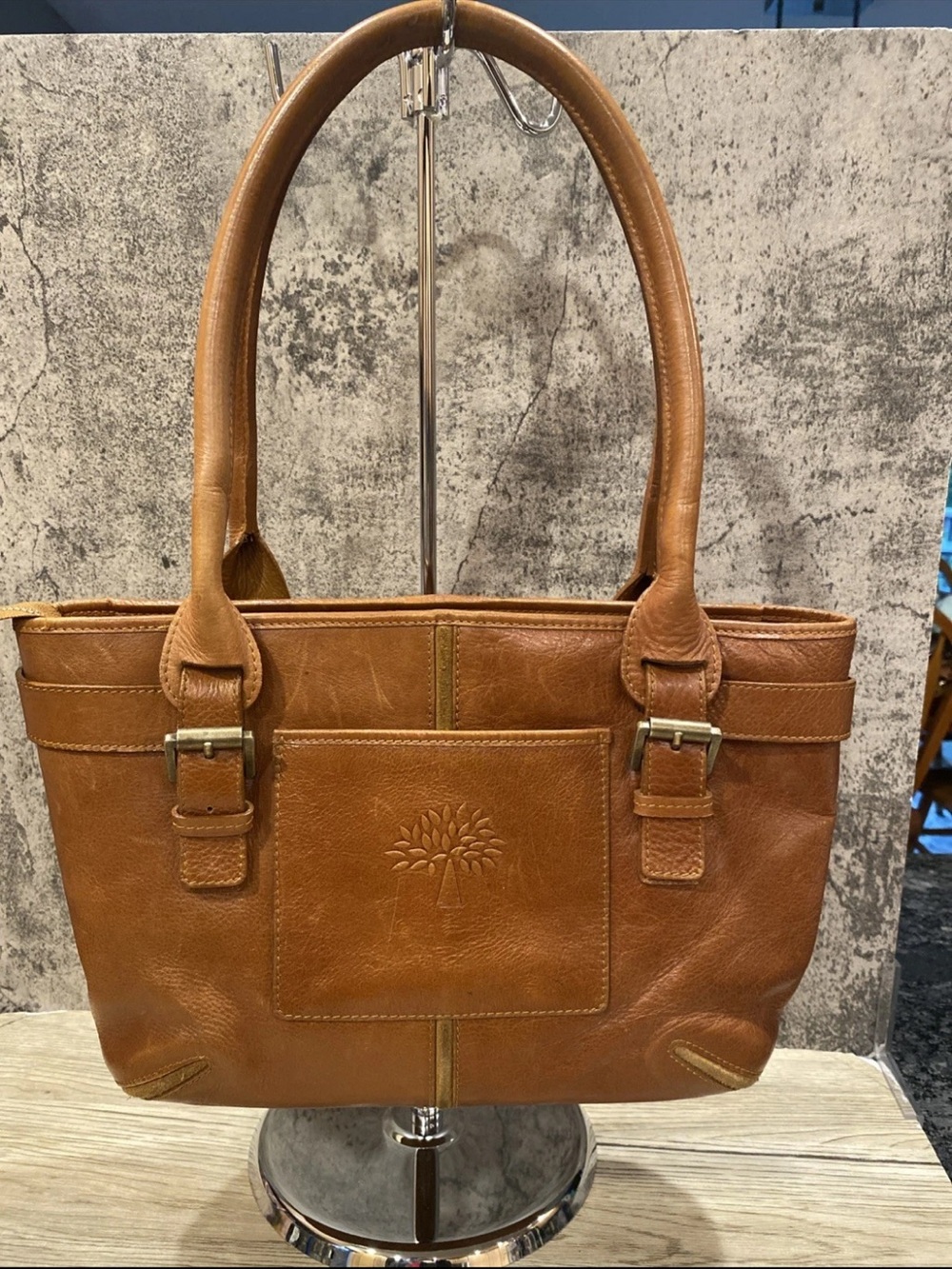 Mulberry Tan Leather Shoulder Bag with Embossed Tree